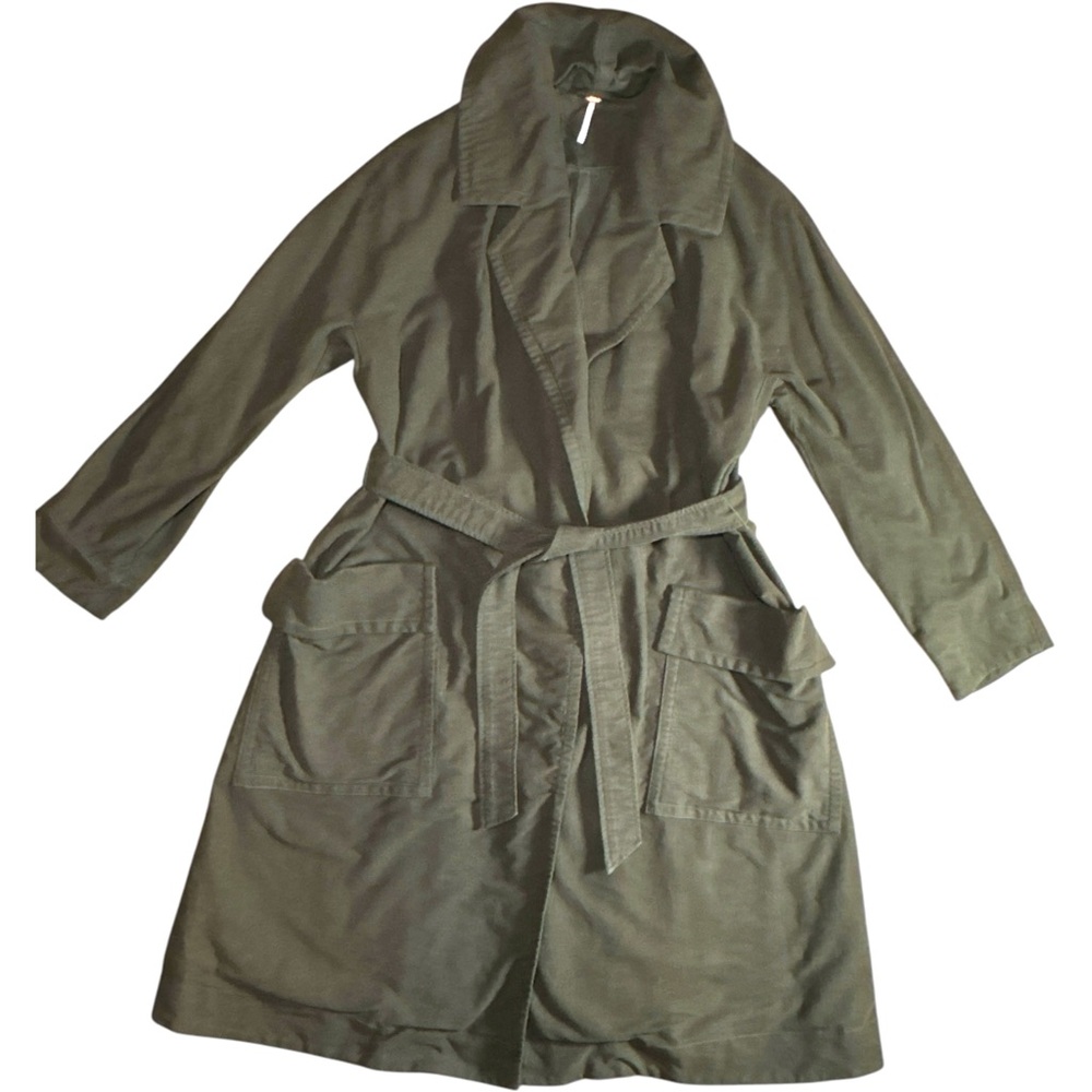 Free People Brushed Cotton Long Duster Belted Coat Medium Olive Green Heavy